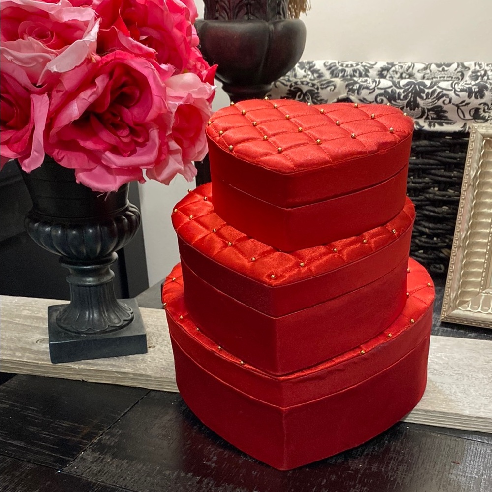 Red Satin Nesting 3 Heart-Shaped Decorative Boxes!